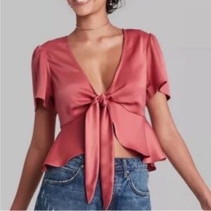 Wild Fable | Pink Flutter Sleeve Tie-Front Blouse